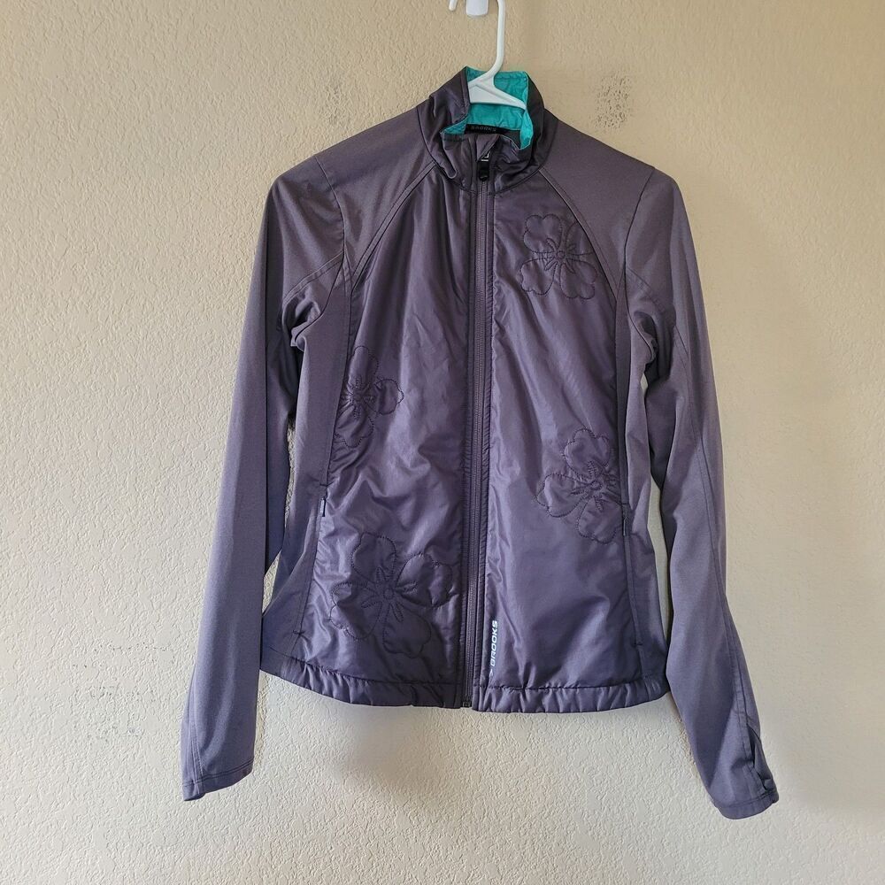 Brooks Womens Running Jacket Size Xsmall Gray Teal Floral Full Zip Reflective